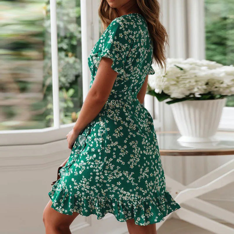 Women Dresses Summer 2020 V Neck Floral Print Boho Beach Dress Ruffle Short Sleeve A Line Mini Dress Wrap Sundress Robe