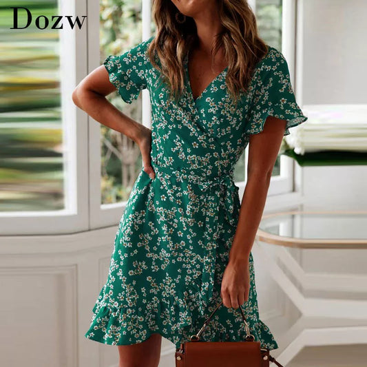 Women Dresses Summer 2020 V Neck Floral Print Boho Beach Dress Ruffle Short Sleeve A Line Mini Dress Wrap Sundress Robe